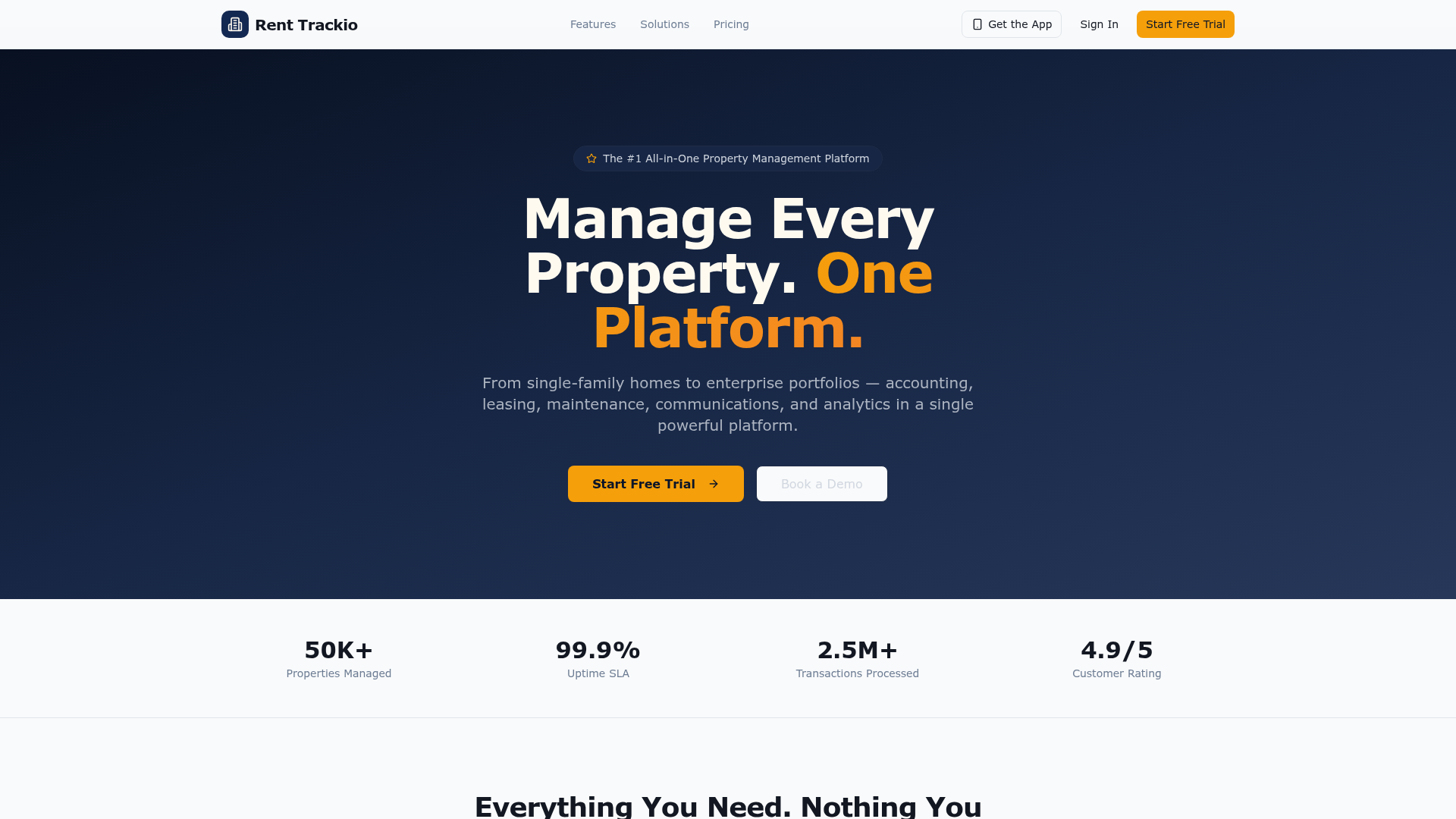 Screenshot of renttrackio.com — all-in-one property management software