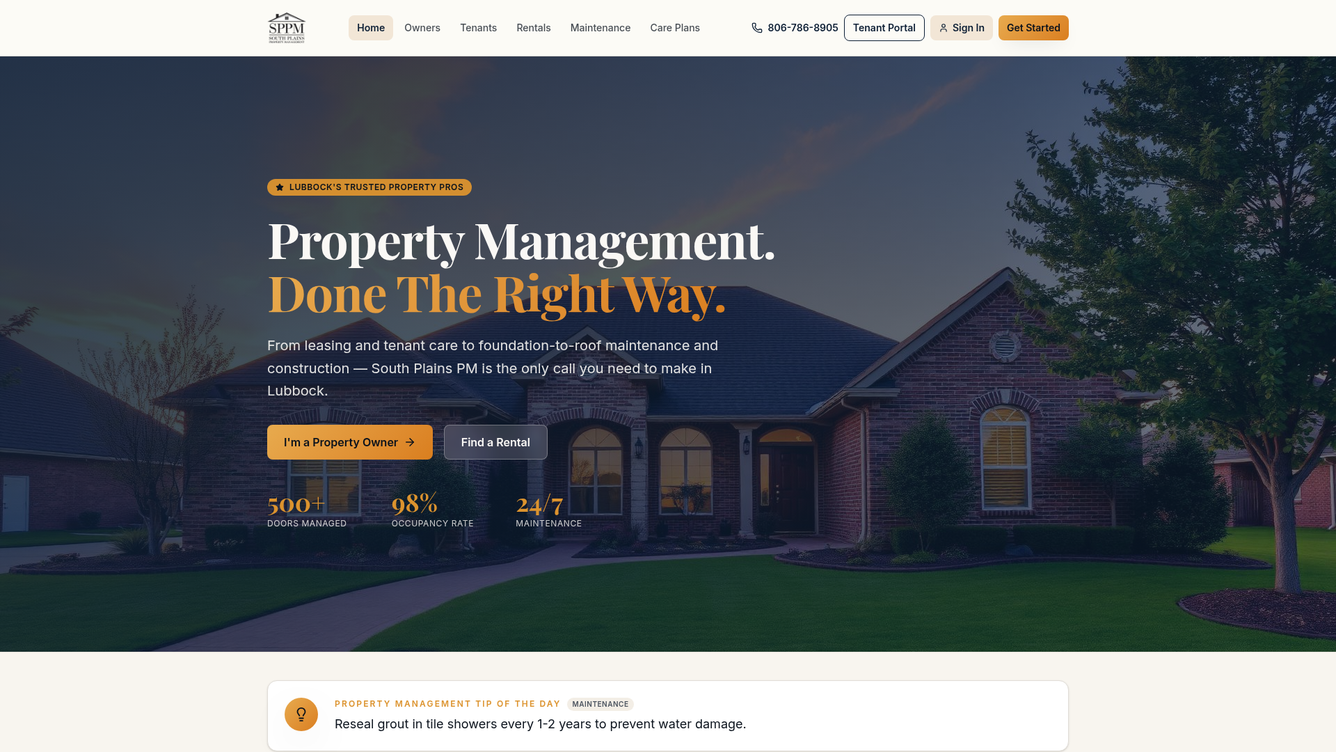 Screenshot of southplainspm.com — Lubbock's trusted property management team